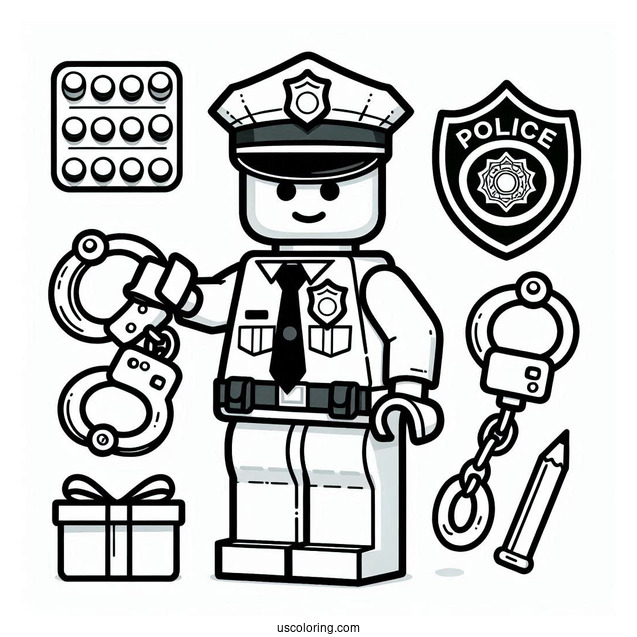 Coloring Page Of Lego Police Officer Holding Cuffs And Badge