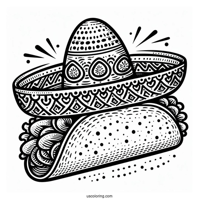 Detailed Taco Coloring Page With Sombrero On Top