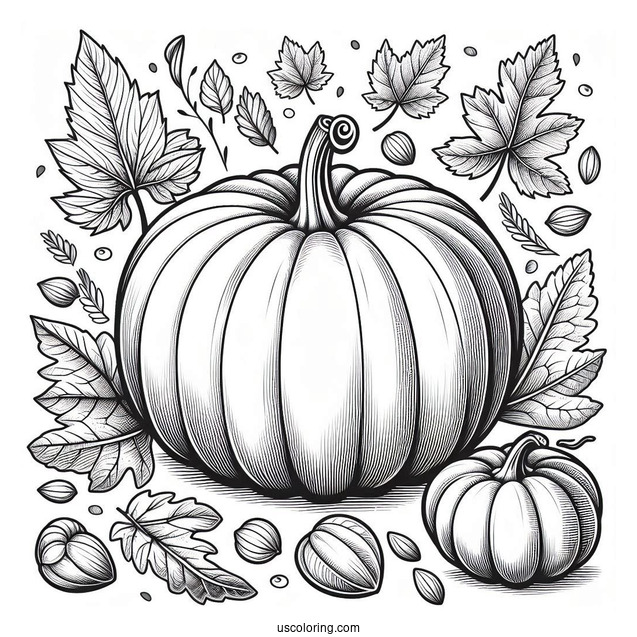 Full Page Realistic Pumpkin Coloring Page With Leaves