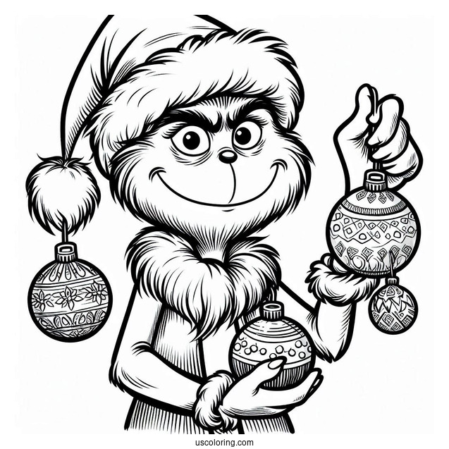 Grinch Holding Bauble Christmas Ornaments Coloring Page For Kids