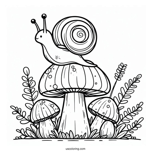 Snail Crawling On Top Of A Mushroom Coloring Page For Preschoolers
