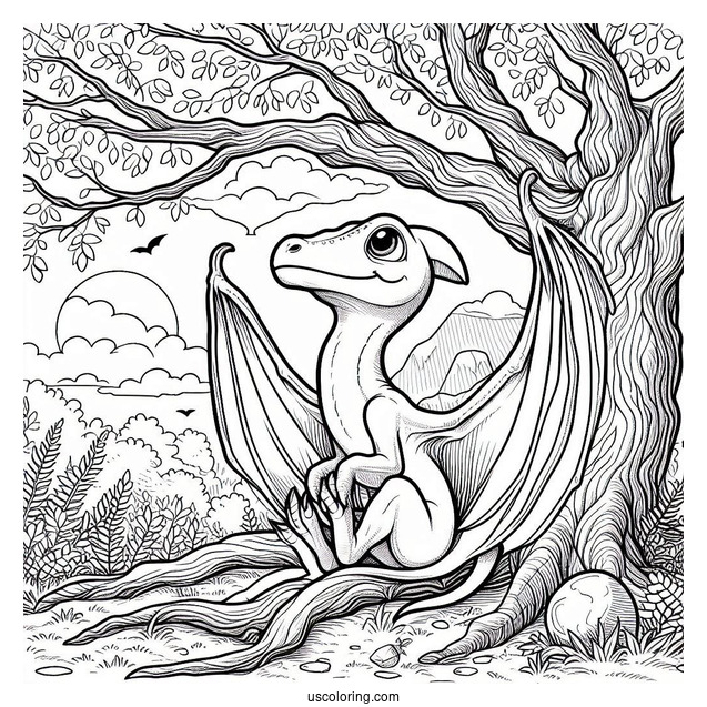 Pterodactyl Coloring Page Resting Beside Tree