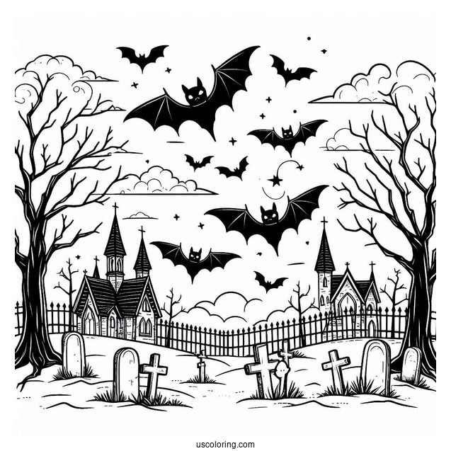 Halloween Graveyard With Bats Coloring Page In The Sky