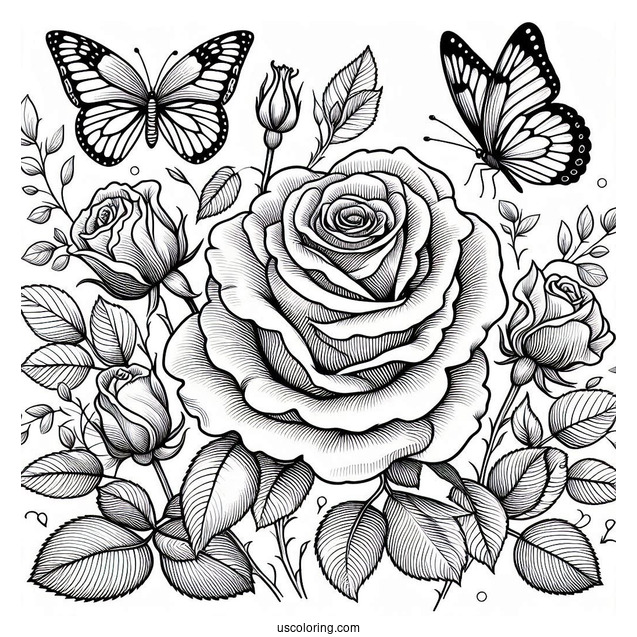 Beautiful Roses With Butterflies To Color