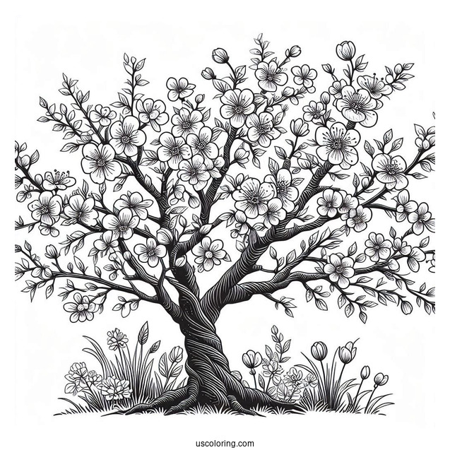 Large Tree Blooming Flowers In Spring Coloring Page
