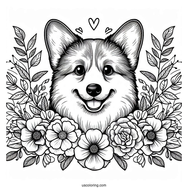 Corgi Coloring Page Face Surrounded By Flowers