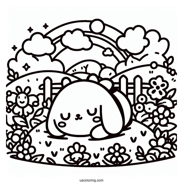 Cute Pompompurin Sleeping In Garden Coloring Sheet