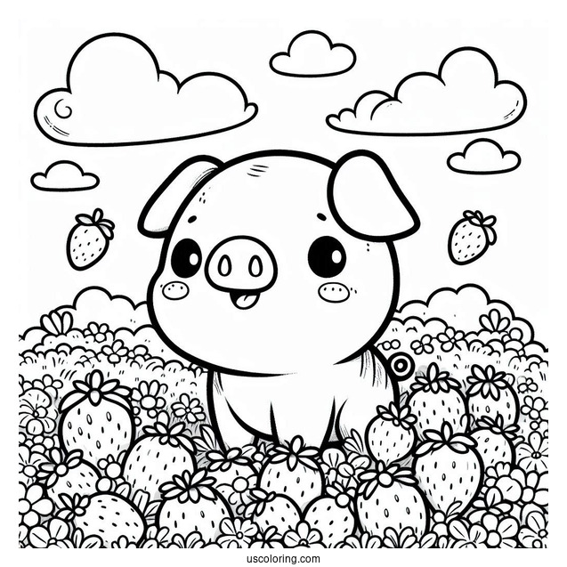 Kawaii Themed Pig In Field Of Strawberries