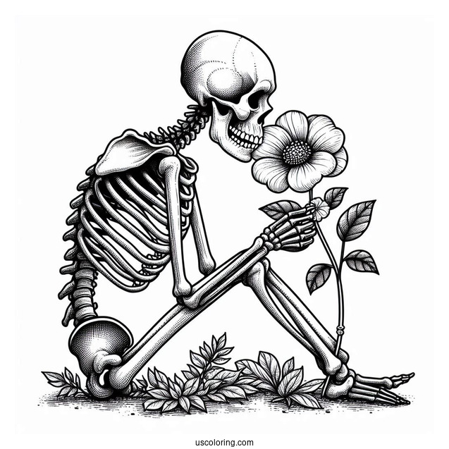 Realistic Skeleton Coloring Page Sniffing Flower