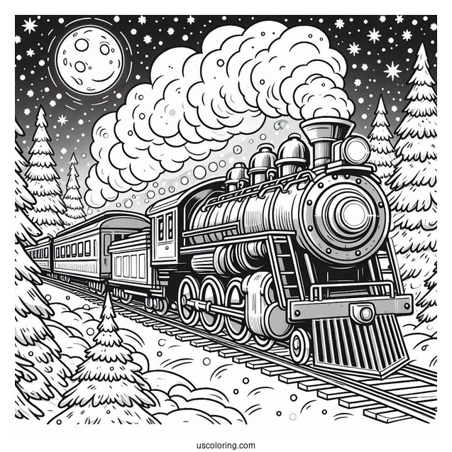 Detailed Polar Express Coloring Page Of Train In A Snowy Night