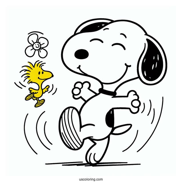 Dancing Snoopy With Woodstock To Color