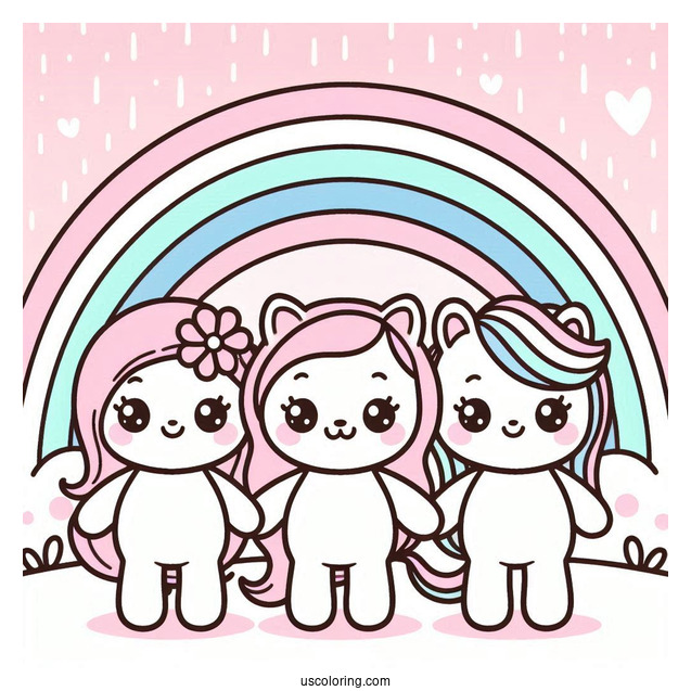 Pink, Blue, And Green Rainbow Friends Coloring Page Waving