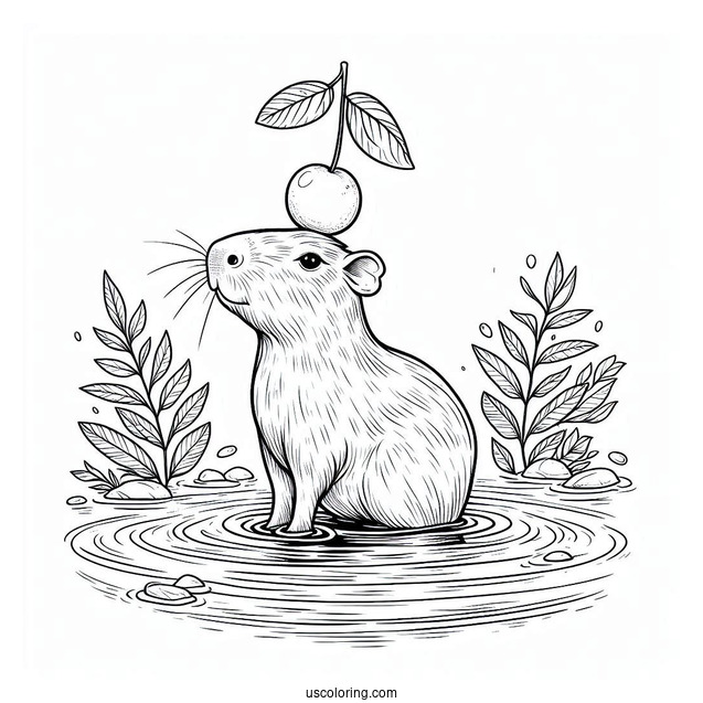 Capybara Coloring Page In The Water Balancing A Fruit On Its Head