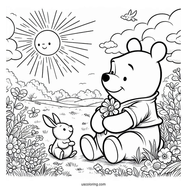 Winnie The Pooh Sitting On A Flower Field With A Rabbit Coloring Page