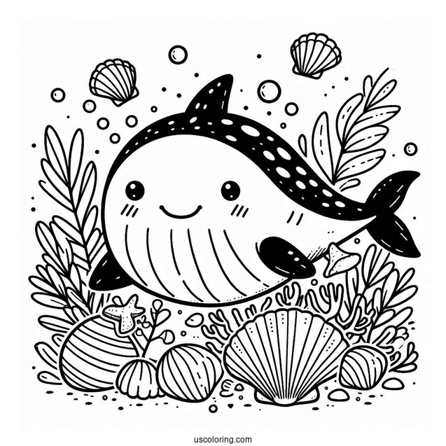 Cute Whale Shark Coloring Page With Seashells