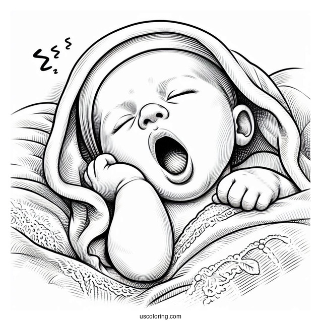 Realistic Baby Coloring Page Yawning Under The Blanket