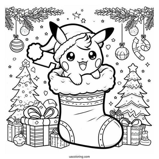 Pokemon Christmas Coloring Page Kawaii Pikachu Inside A Christmas Stocking For Kids
