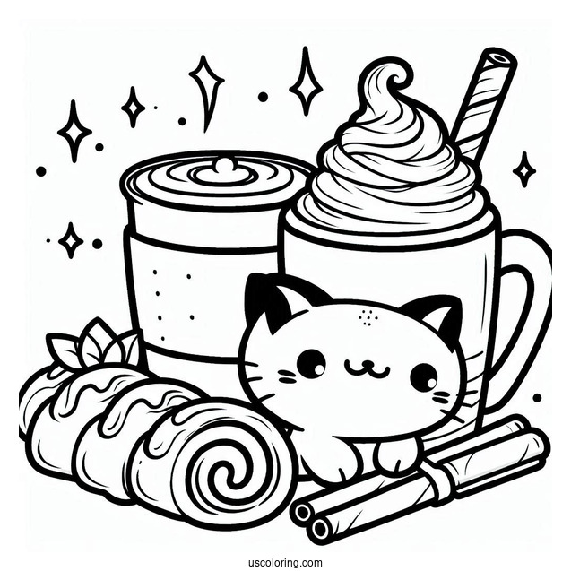 Kawaii Cat In Coffee Coloring Pages Cup With Whipped Cream And Cinnamon Rolls