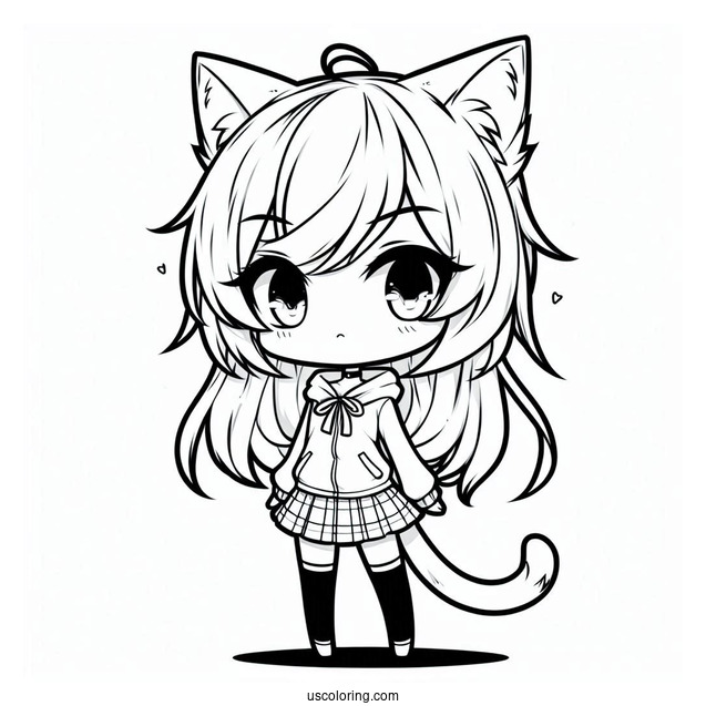Serious Chibi Girl With Cat Ears And Tail Coloring Sheet
