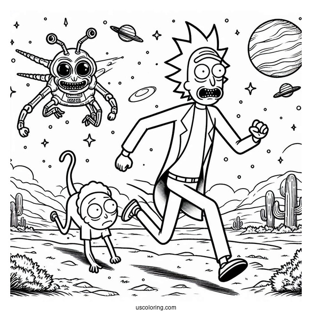 Rick And Morty Running From Aliens Coloring Page