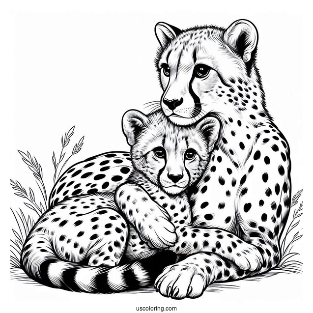 Two Cheetahs Coloring Page Cuddling