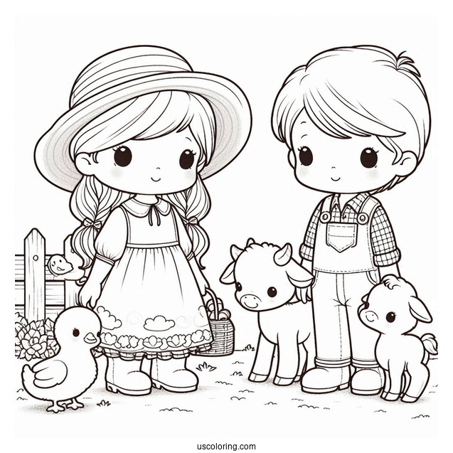 Precious Moments Coloring Page Of Girl And Boy With Farm Animals