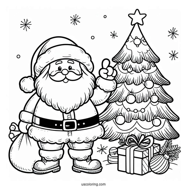 Jolly Santa Next To Christmas Tree