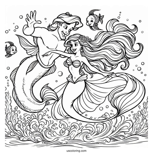 Coloring Sheet Of Ariel Dancing With Triton