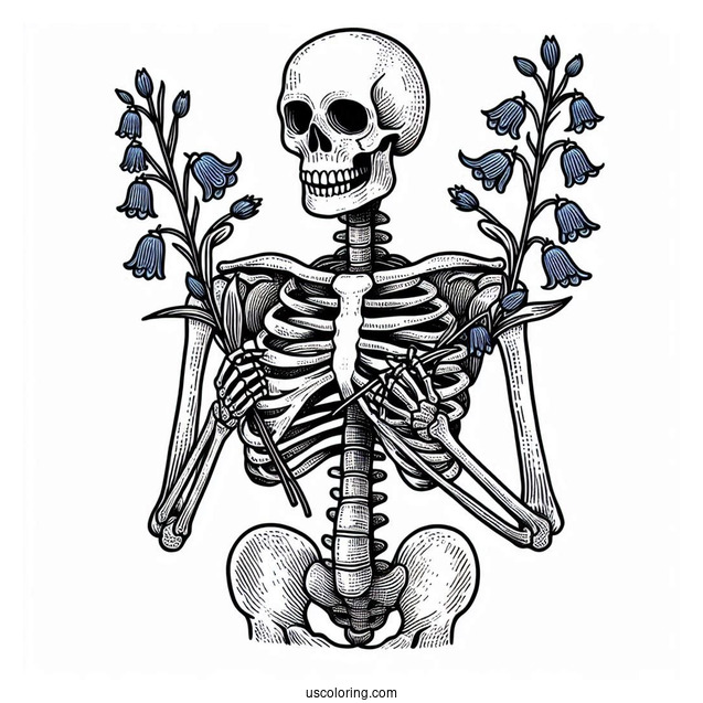 Skeleton Coloring Page Holding Up Bluebells