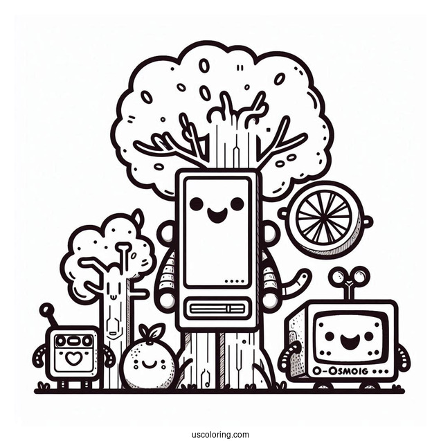 Sprunki Coloring Page Of Mr. Fun Computer, Tree, Simon, Orange, Fun Bot, Clukr, And Raddy