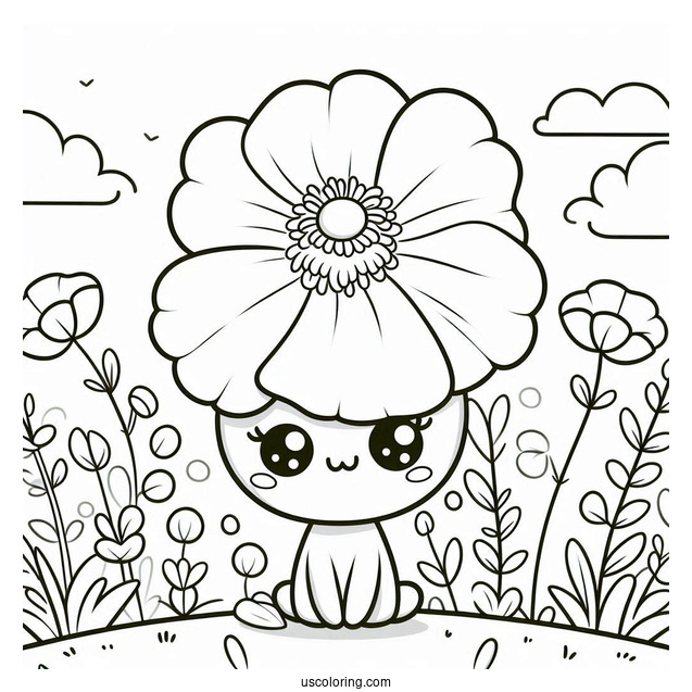Poppy Playtime Coloring Page Of Kawaii Poppy On A Flower Field