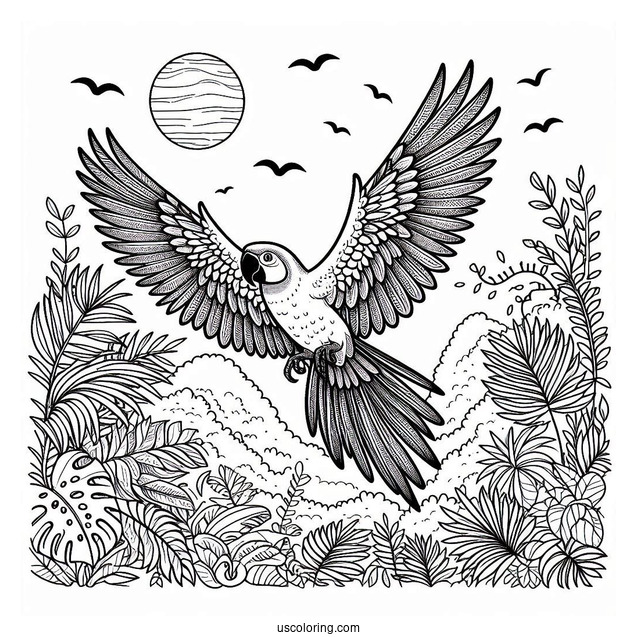 Tropical Parrot Flying In Jungle