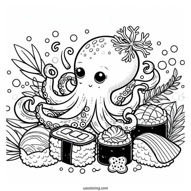 Octopus Eating Sushi Coloring Pages Underwater For Kids
