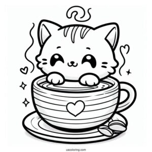 Kawaii Kitten Holding A Steaming Cup Of Coffee Coloring Page