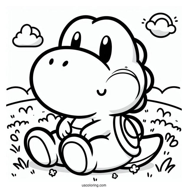 Kawaii Yoshi Sitting In Field Coloring For Kids