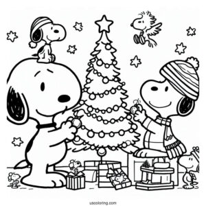 Snoopy And Woodstock Decorating Christmas Tree To Color