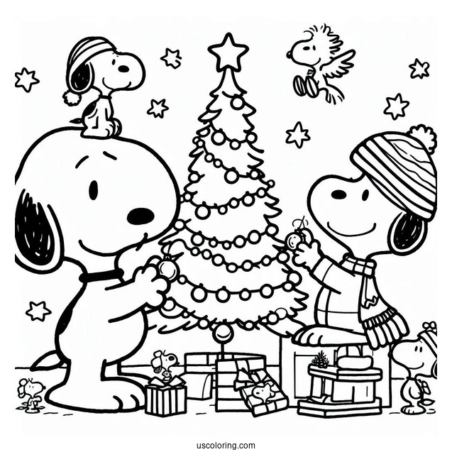 Snoopy And Woodstock Decorating Christmas Tree To Color