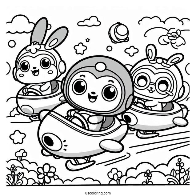 Pororo Coloring Page Of Friends Riding Flying Vehicles