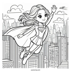 Coloring Page Of Supergirl Flying In The City