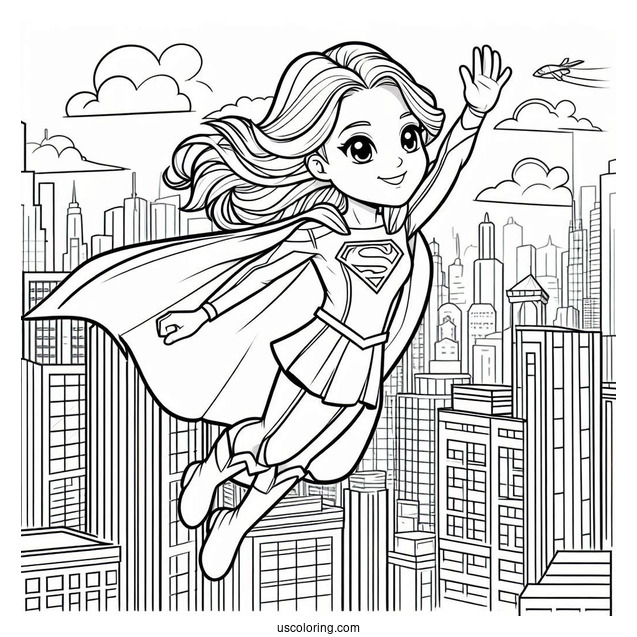 Coloring Page Of Supergirl Flying In The City