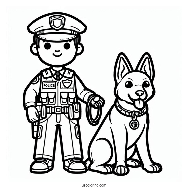 Coloring Sheet Of Police Officer With K-9 Dog