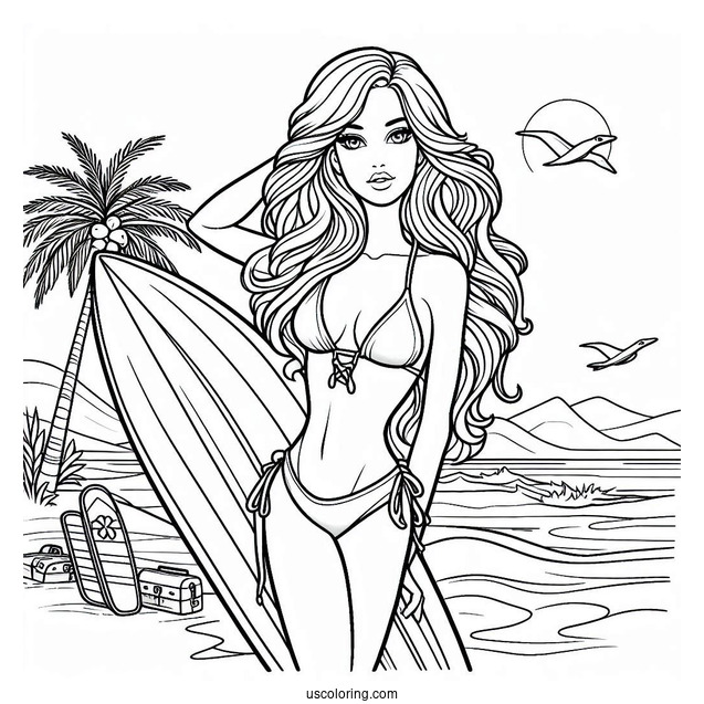 Surfer Barbie At Beach To Color