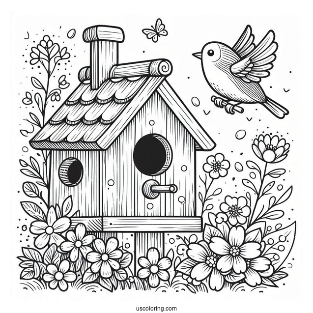 Spring Coloring Page Of Bird House With Flowers And Bird