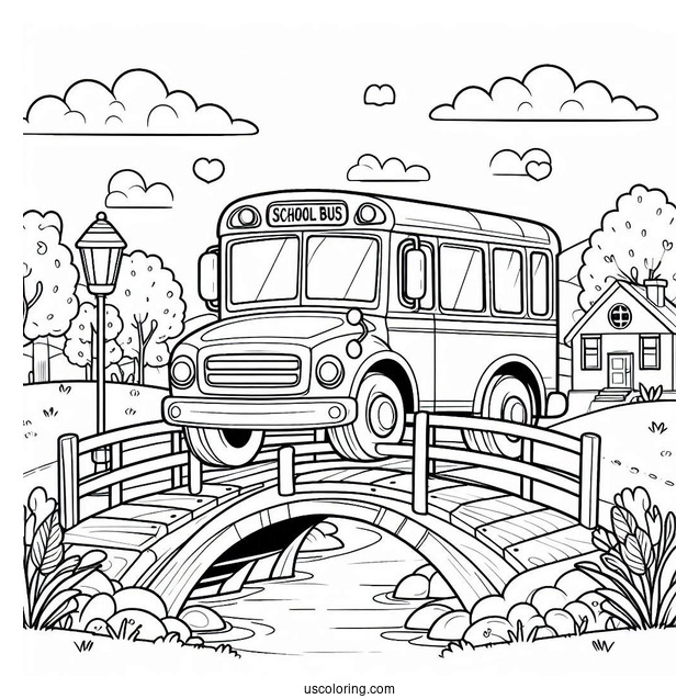 Cute School Bus Coloring Page Crossing A Small Bridge