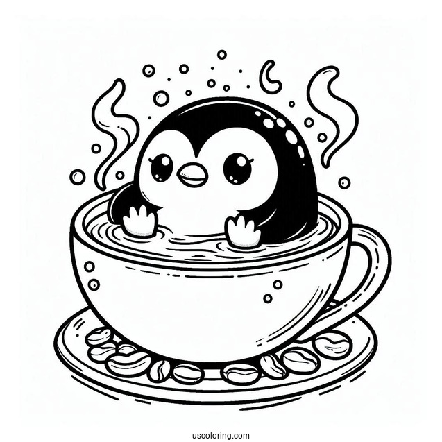 Penguin Bathing In Hot Coffee Coloring Page