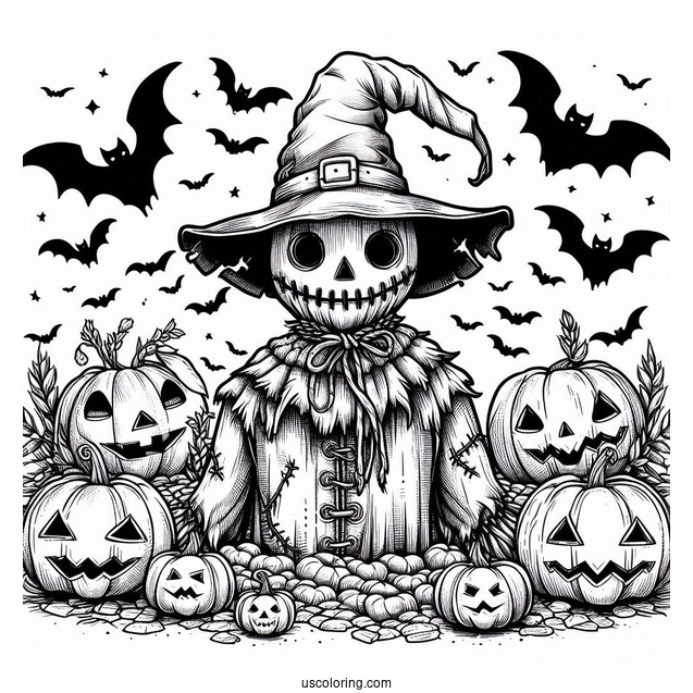 Scary Scarecrow Coloring Page Surrounded By Jack O Lanterns And Bats