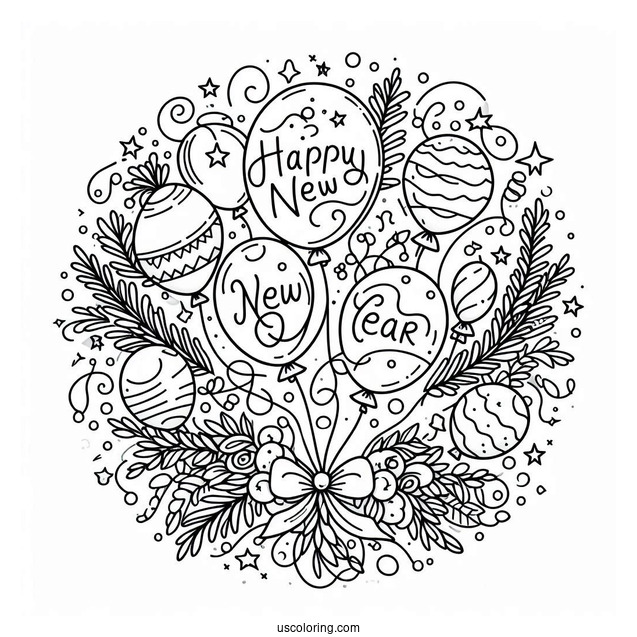 Balloons In The Middle Of Happy New Year Coloring Page Of Words For Kids