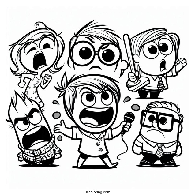 Pixar Coloring Page of Inside Out Joy, Anger, Fear, Sadness, Disgust