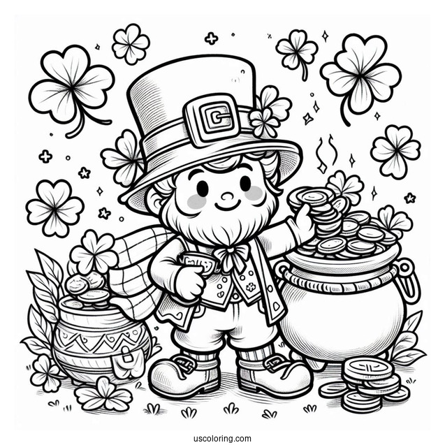 St. Patrick's Day Coloring Page Of Leprechaun Holding A Pot Of Gold For Kids