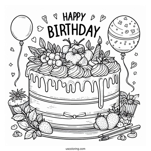 Cake With Happy Birthday Topper Coloring Sheet